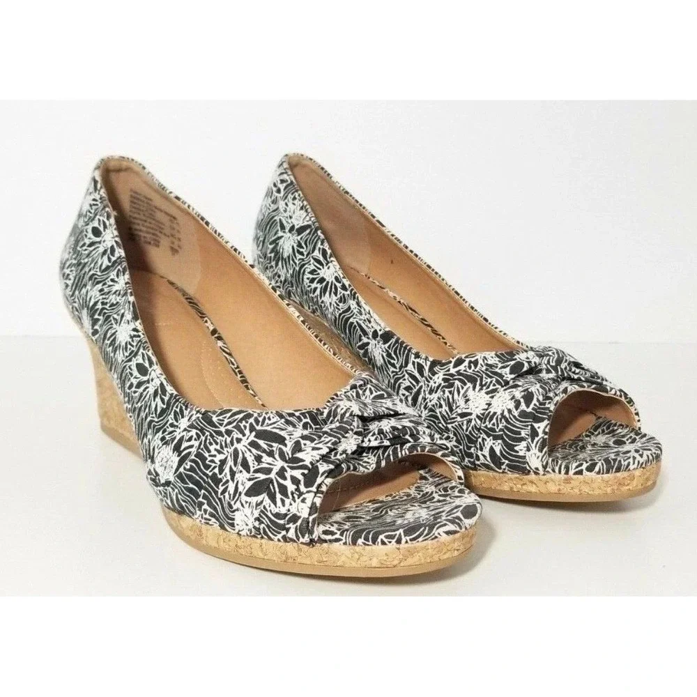 Dexflex Comfort Womens Black White Floral Canvas Peep Toe Cork Wedges Size 10